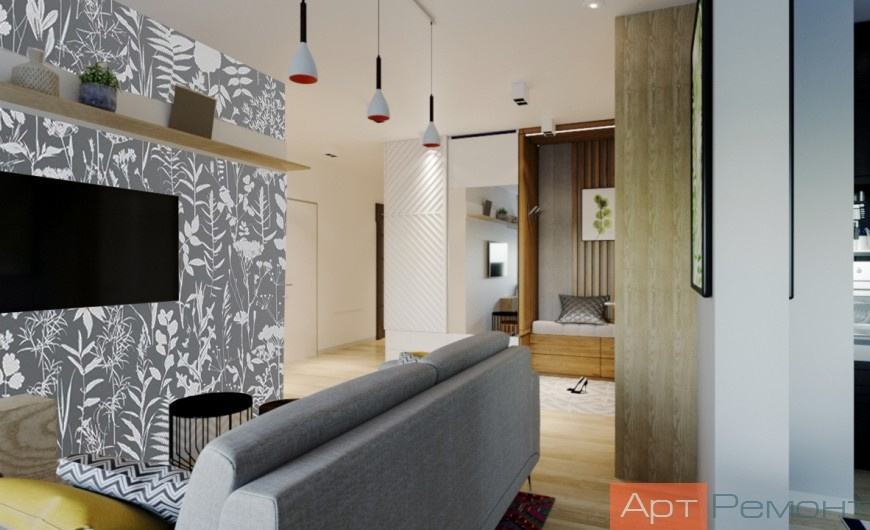 Вариант принта на акцентной стене. Дизайн трехкомнатной квартиры м. Рассказовка