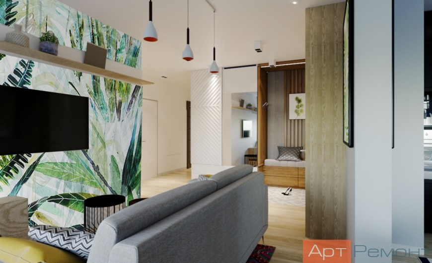 Вариант принта на акцентной стене гостиной. Дизайн и ремонт трехкомнатной кварти