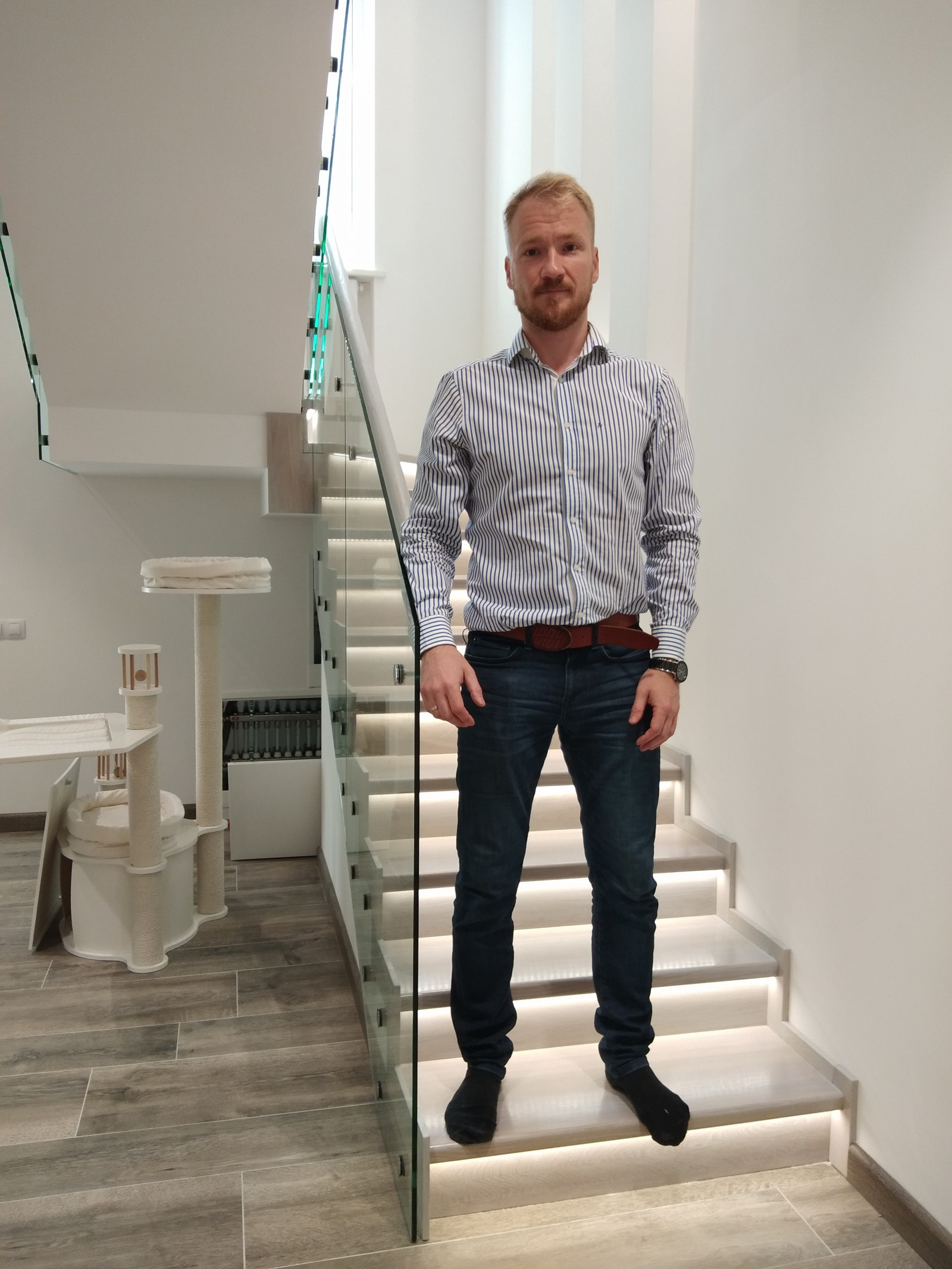 Лестница из дуба по стеклом