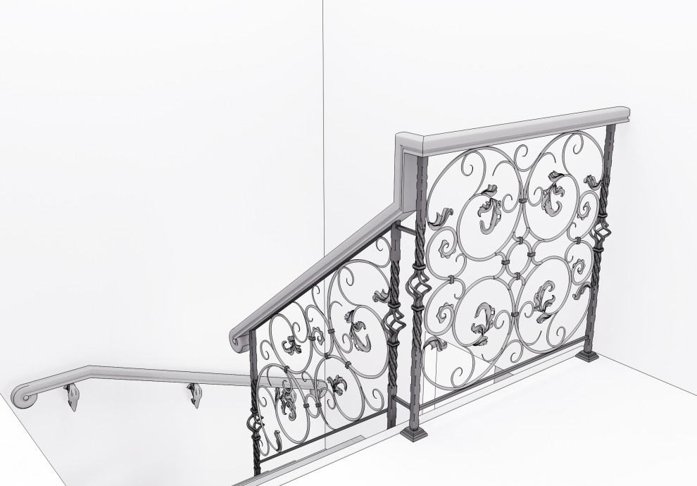 Деревянная лестница с кованным ограждением