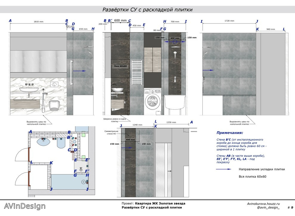 Развертки санузла с раскладкой плитки