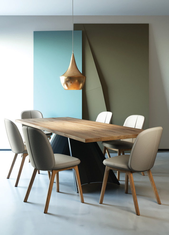 Стол с дизайнерским основанием и деревянной столешницей.