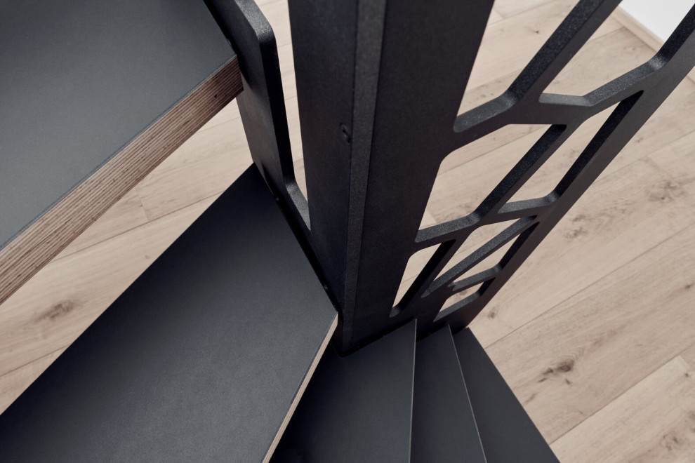 Консольная лестница в темных тонах с балюстрадой в виде Диаграммы Вороного