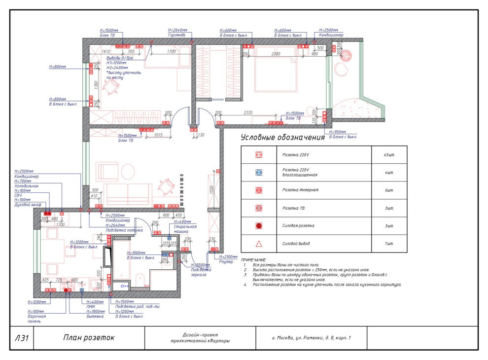 Комплект чертежей дизайн-проекта трехкомнатной квартиры в г. Химки