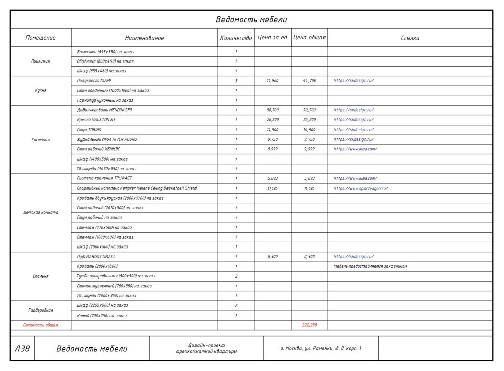 Комплект чертежей дизайн-проекта трехкомнатной квартиры в г. Химки