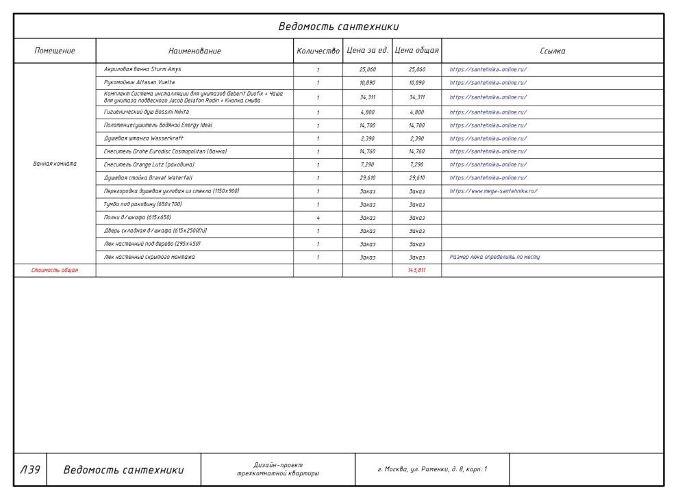 Комплект чертежей дизайн-проекта трехкомнатной квартиры в г. Химки