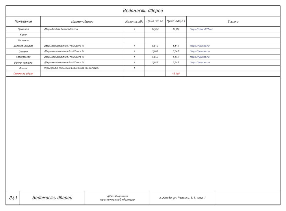 Обложка проекта: Комплект чертежей дизайн-проекта трехкомнатной квартиры в г. Москва