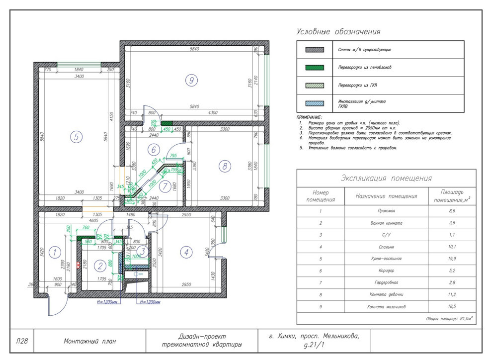 Комплект чертежей дизайн-проекта трехкомнатной квартиры в г. Химки