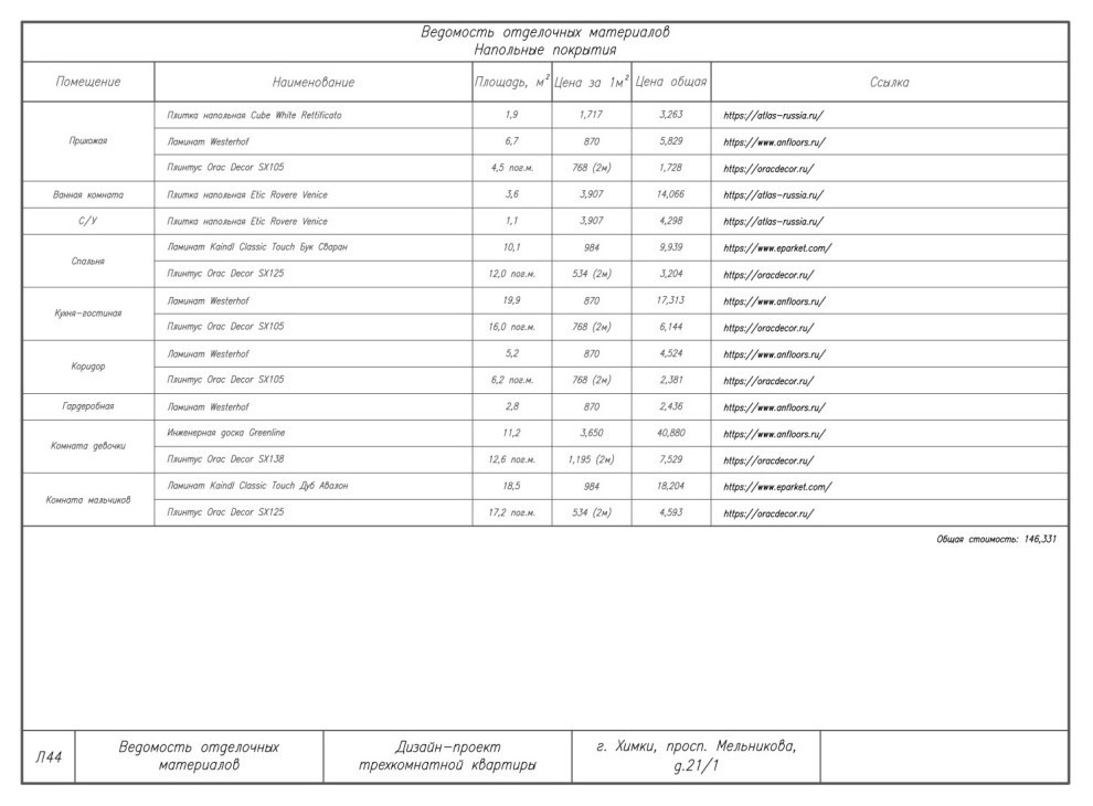 Комплект чертежей дизайн-проекта трехкомнатной квартиры в г. Химки