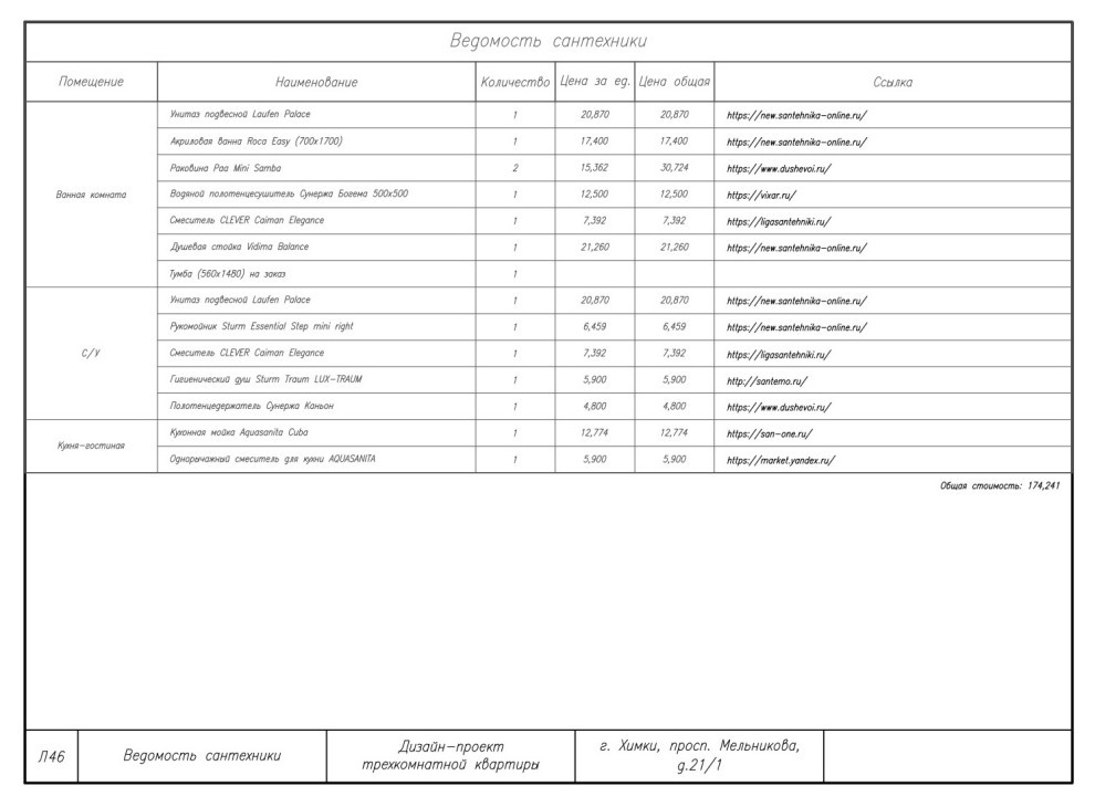 Комплект чертежей дизайн-проекта трехкомнатной квартиры в г. Химки