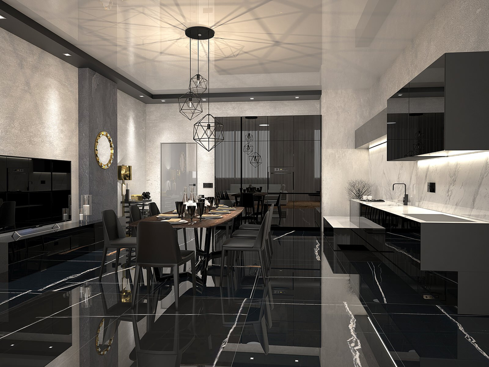 Черная кухня-столовая в квартире "холостяка"