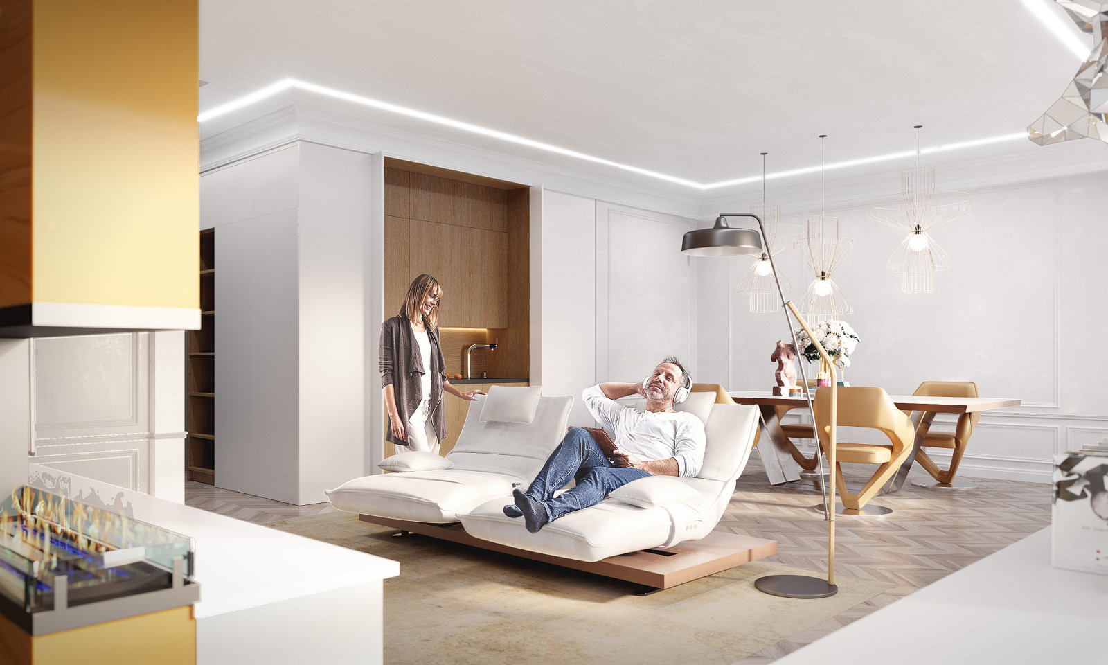 гостиная комната  с трансформирующейся кухней в неоклассике