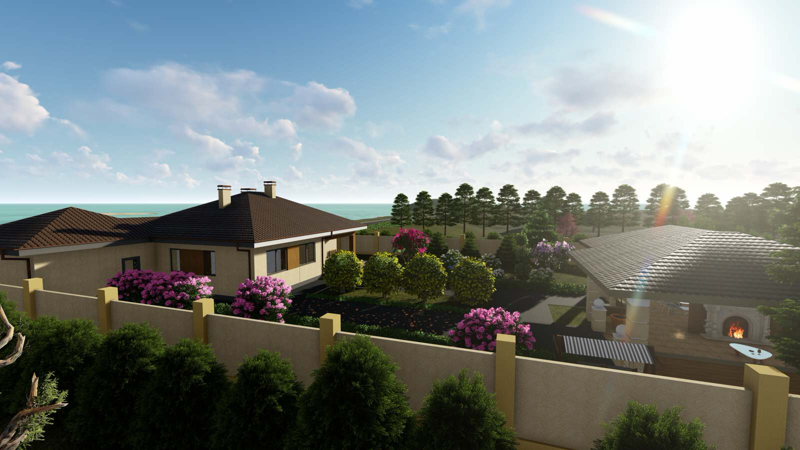 Одноэтажный дом с беседкой