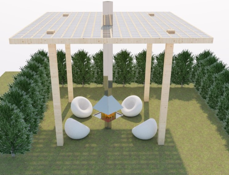 Пергола над очагом с зонтом для отведения дыма