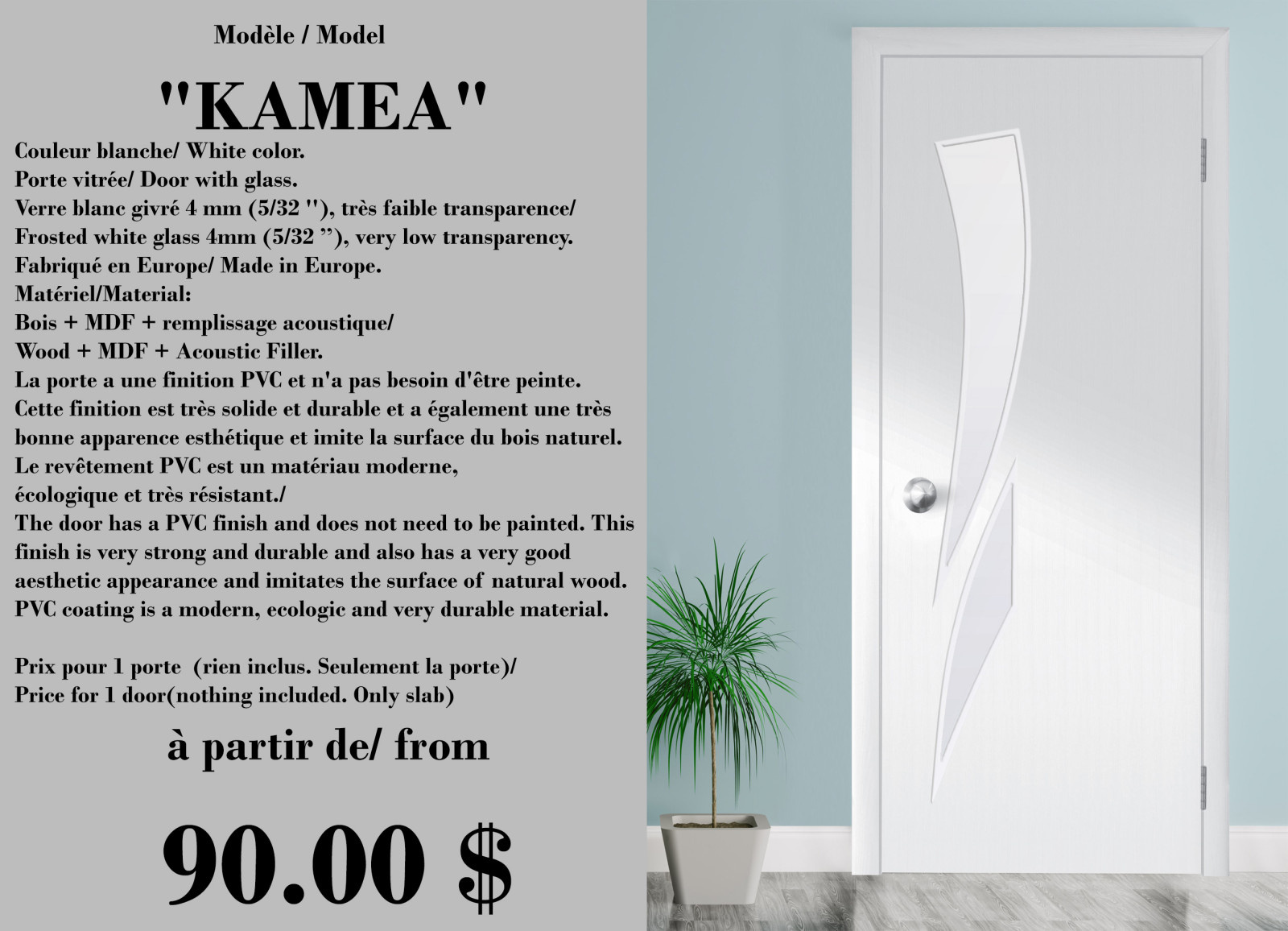 Interior door modele "KAMEA" white, 28"/30"/32"x 80"