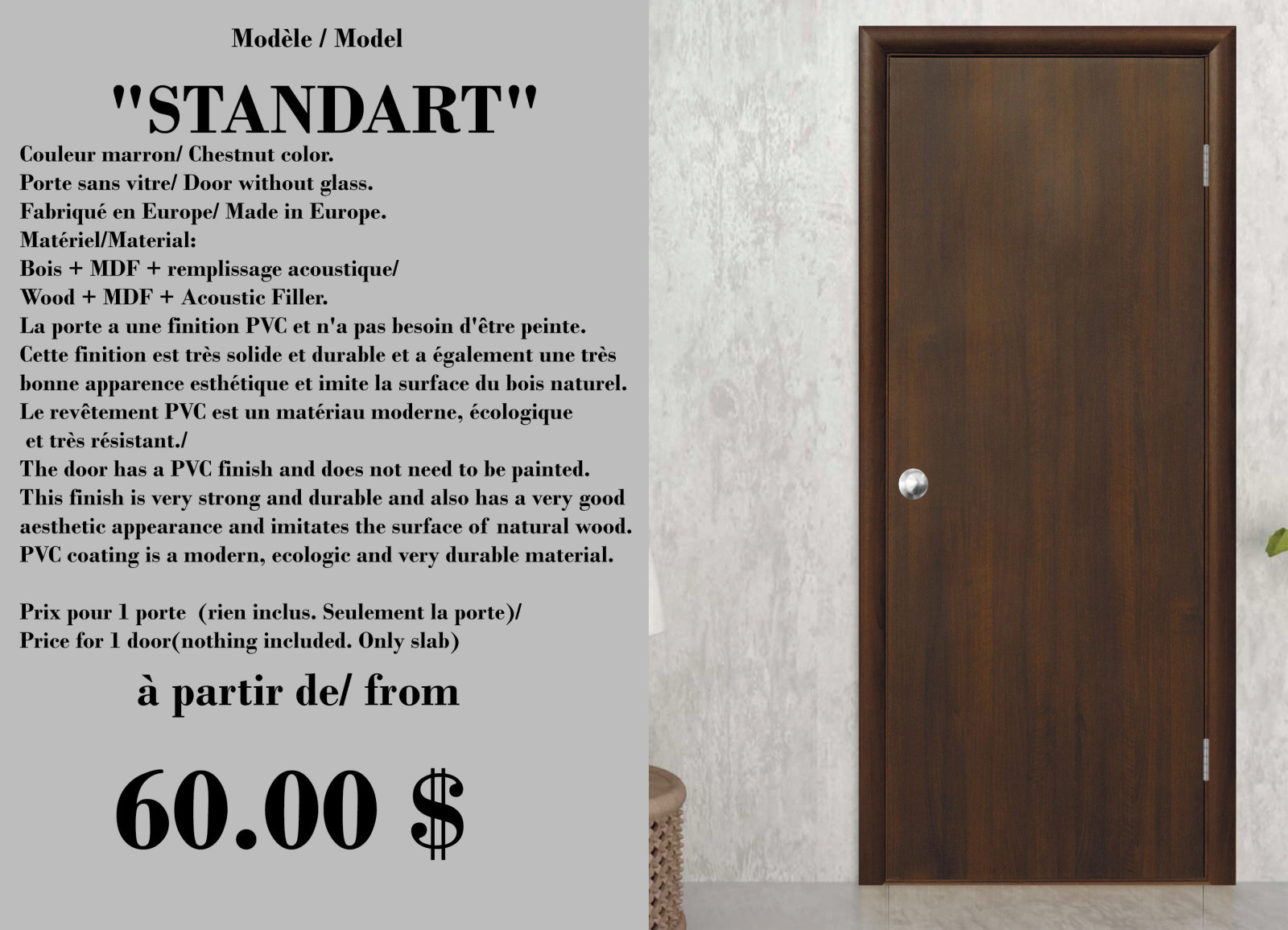Interior door "STANDARD", white or brown, from 24" to 36" x 80"