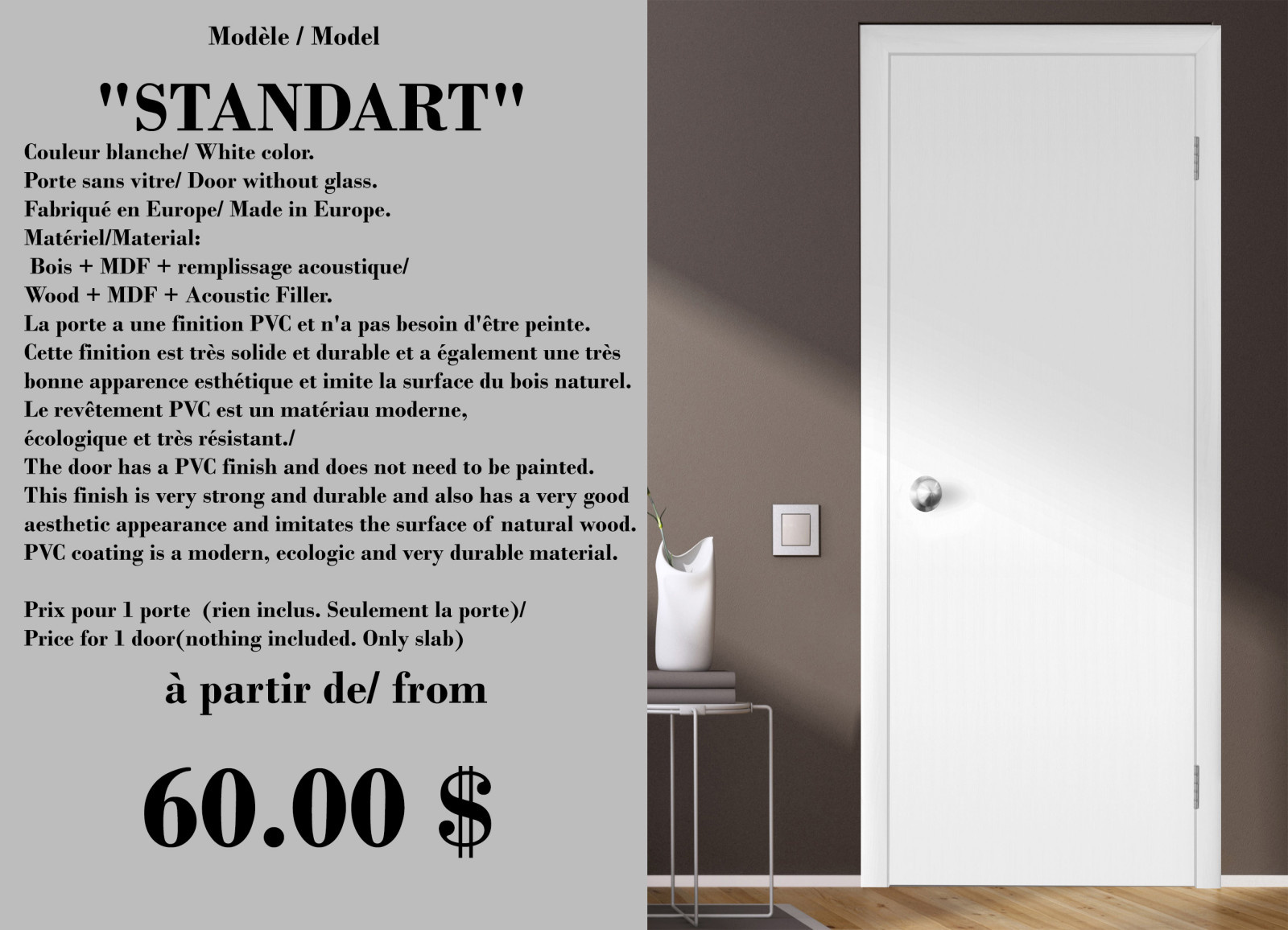 Interior door "STANDARD", white or brown, from 24" to 36" x 80"