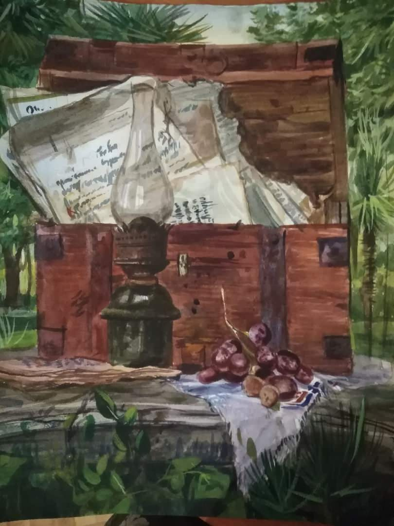 Обложка проекта: картина"Натюрморт памятные вещи на Южном пейзаже"