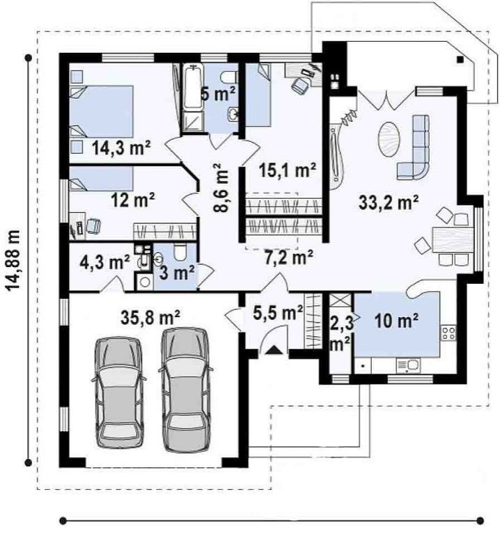 Одноэтажный дoм с гаражом, и возможностью обустройствa мансарды