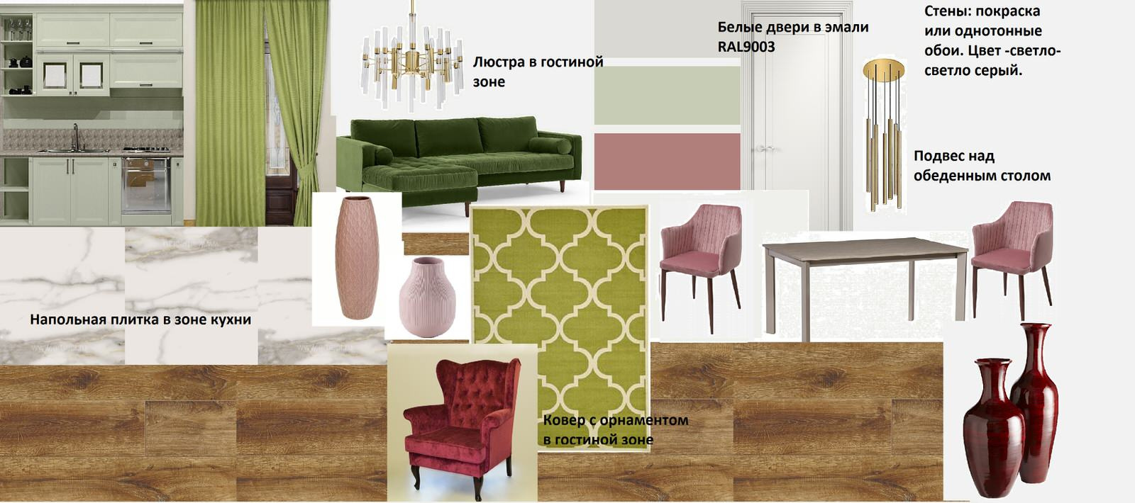 Коллаж кухни-гостиной "Вишня и изумруд"