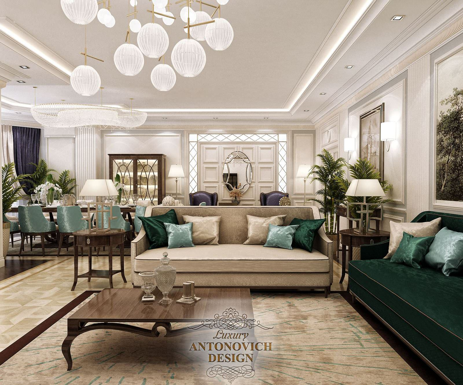 Элегантная гостиная-столовая от студии Luxury Antonovich Design