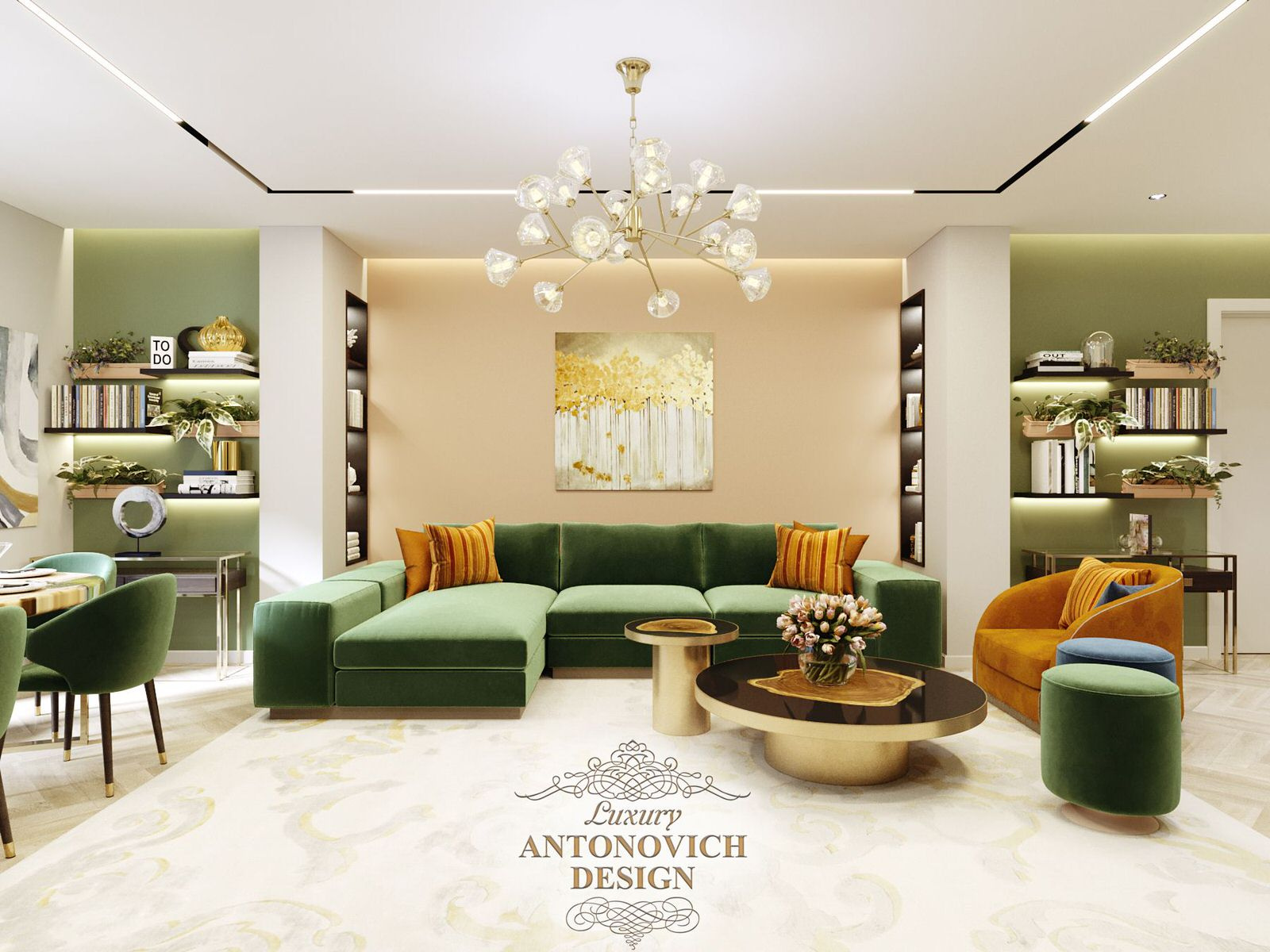Стильная гостиная-столовая от ведущих дизайнеров студии Luxury Antonovich Design