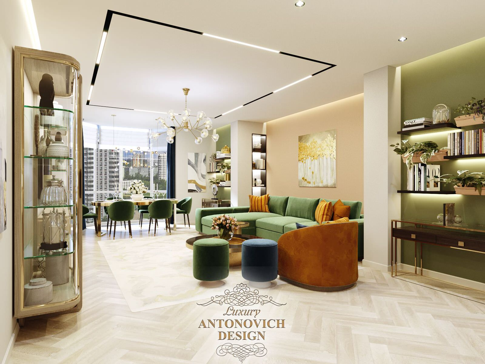 Стильная гостиная-столовая от ведущих дизайнеров студии Luxury Antonovich Design