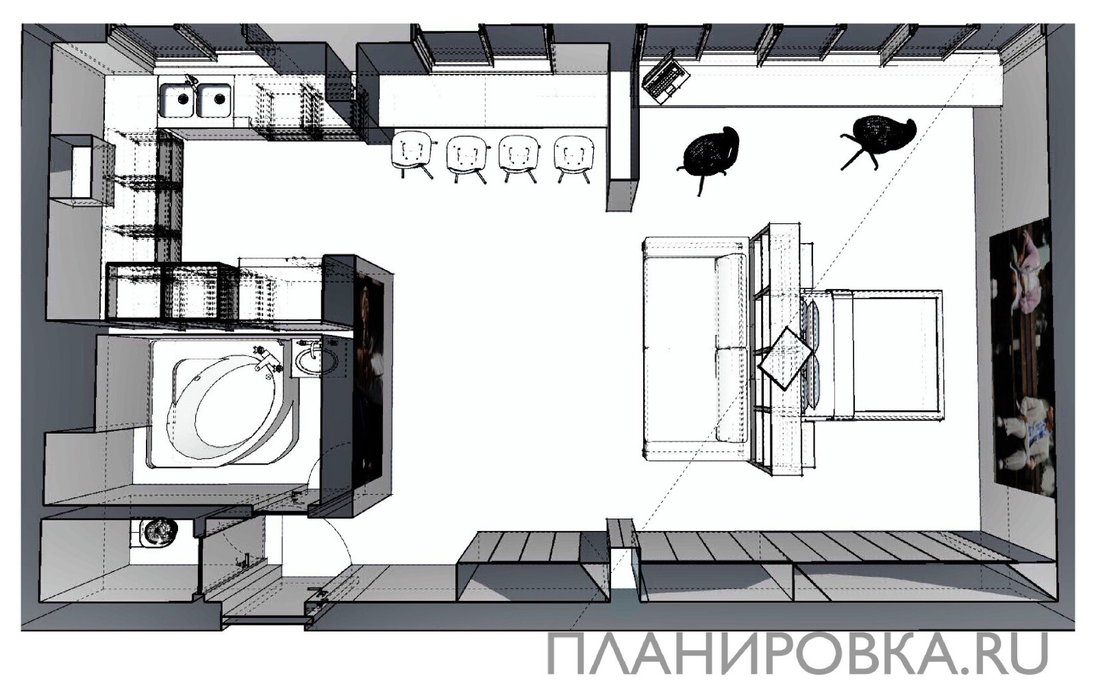 Планировочное решение, квартира-студия для семейной пары