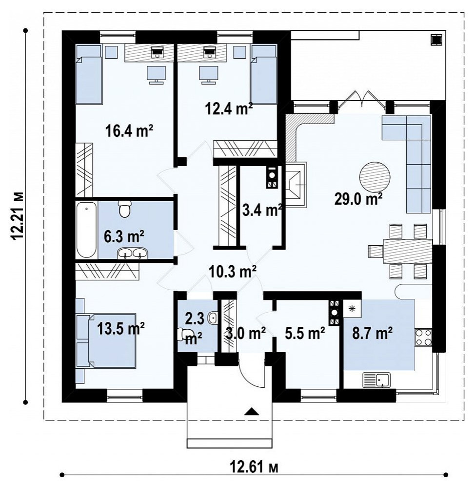 Z24 Практичный одноэтажный дом с 4-х скатной кровлей и угловым окном в кухне.