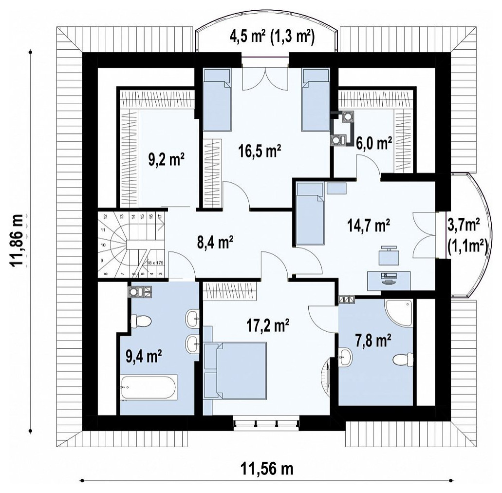 Z18 Элегантный классический дом с изящными мансардными окнами и балконами.