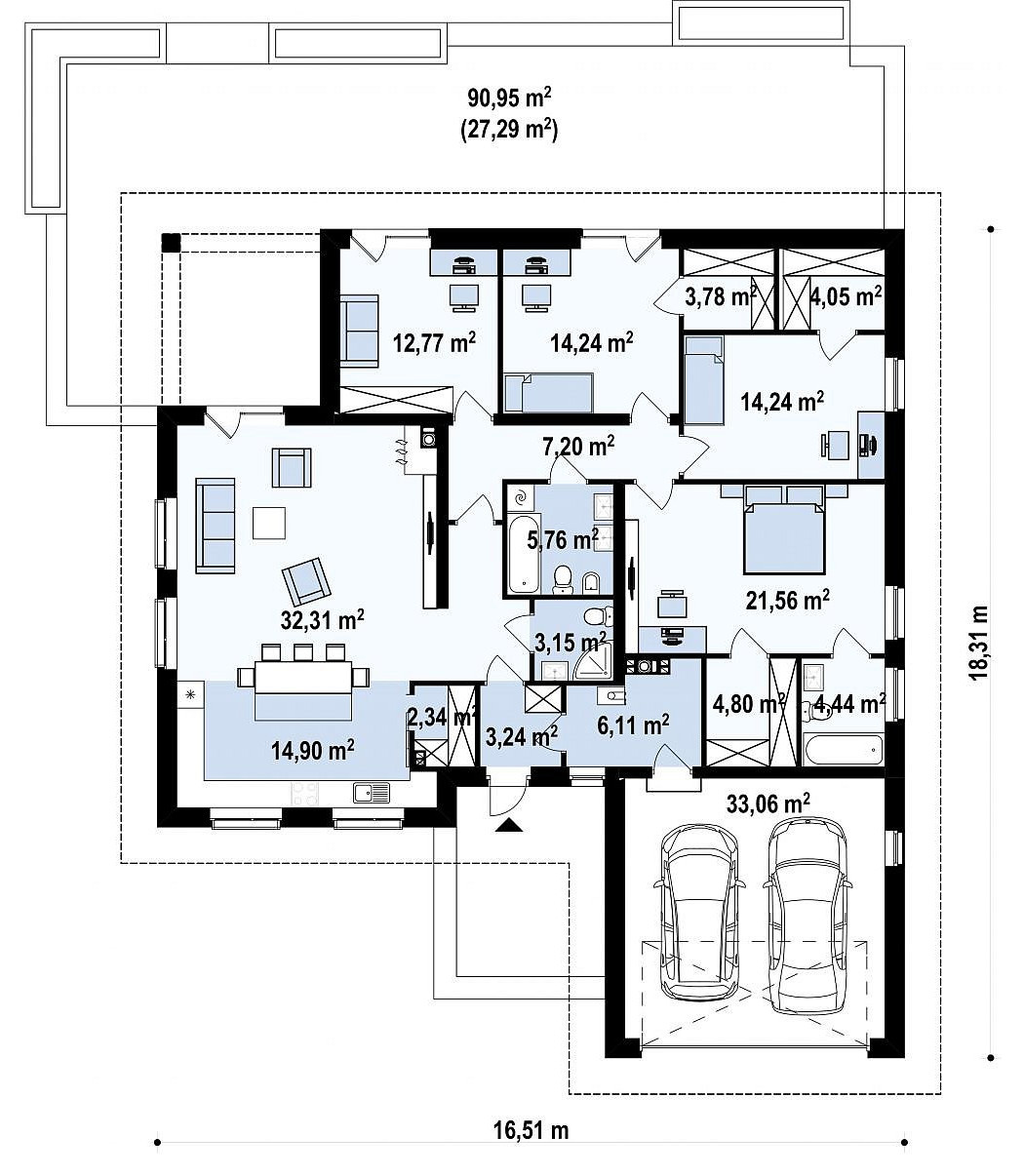 Z301 Комфортный одноэтажный дом с большой террасой.
