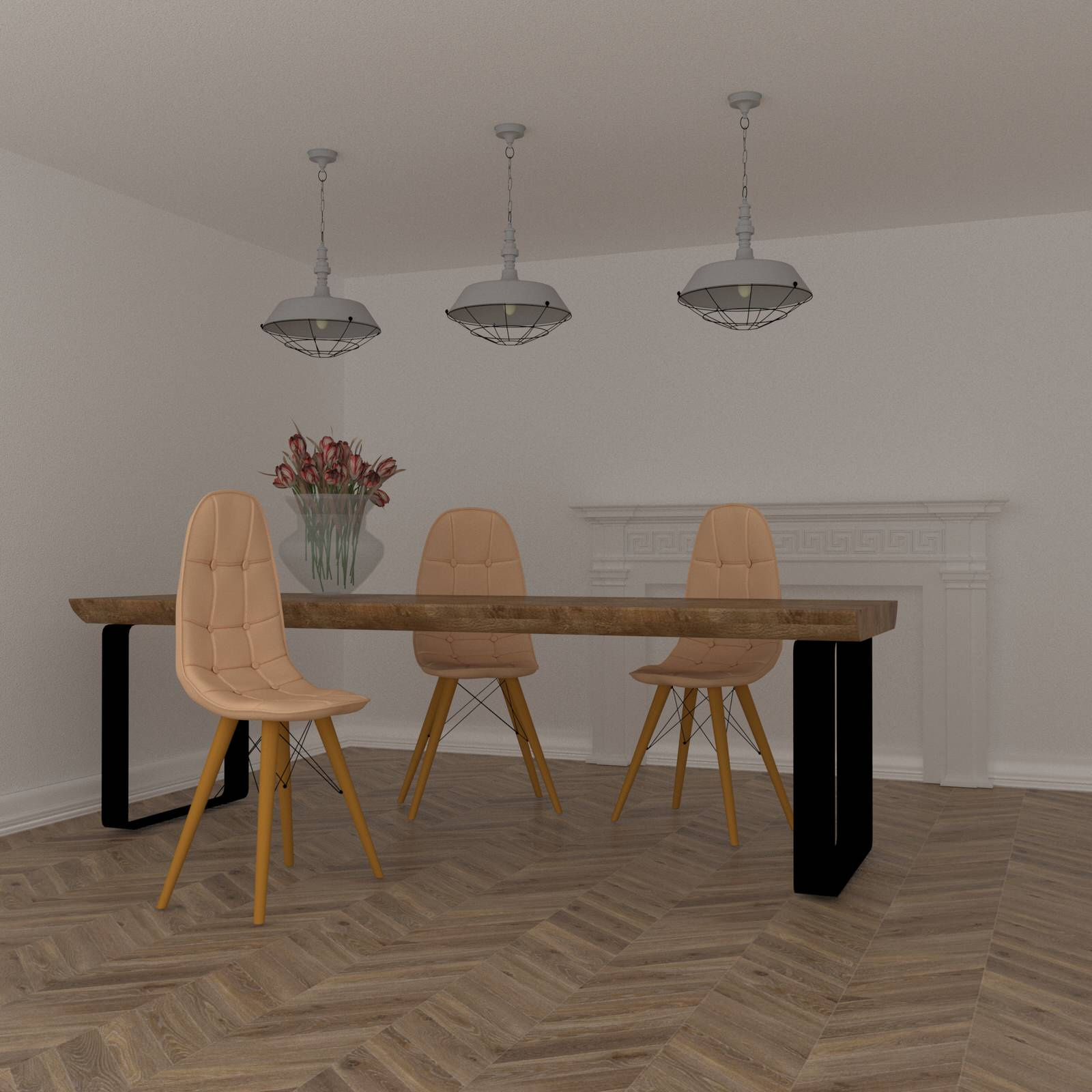 Дизайн столовой зоны с камином в греческом стиле