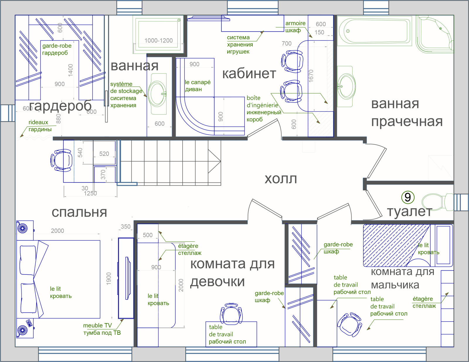 дизайн-проект 2-го этажа дома во Франции
