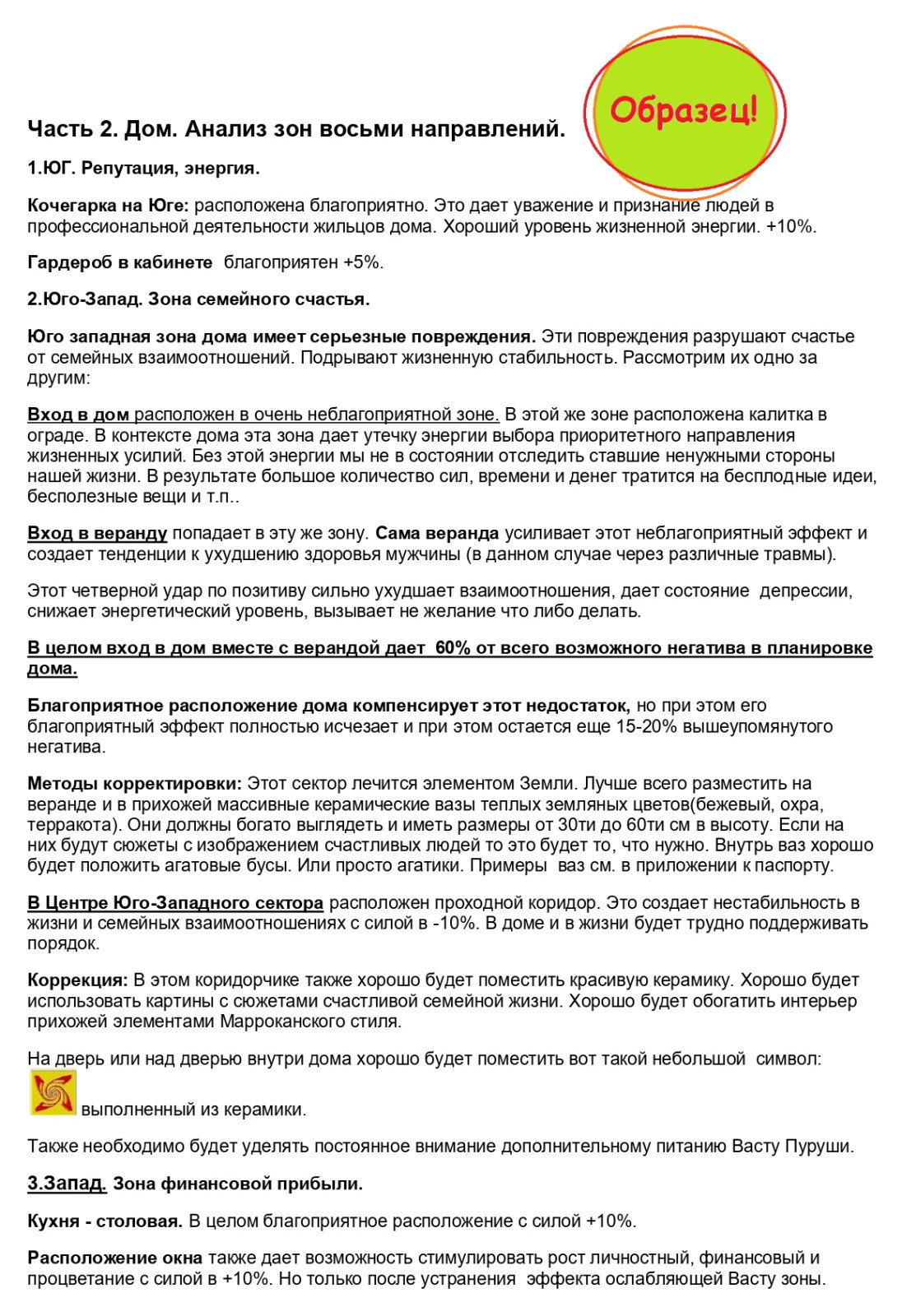 Образец Васту анализа жилого дома/квартиры.