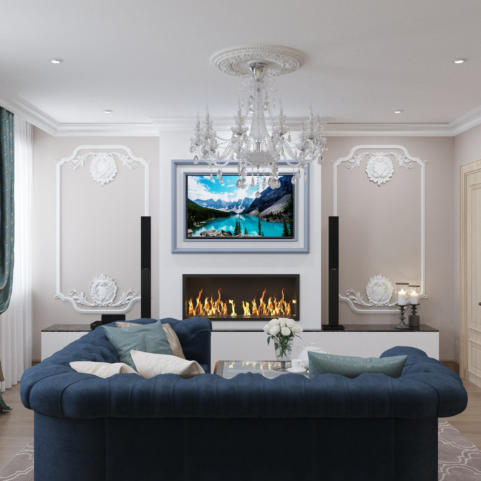 Гостиная с камином в сине-бежевых тонах, стиль новая классика