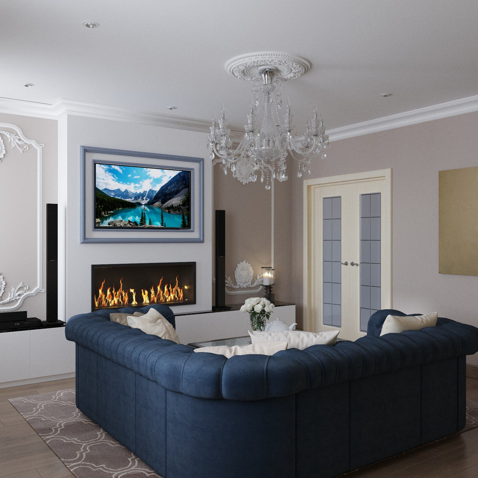 Гостиная с камином в сине-бежевых тонах, стиль новая классика