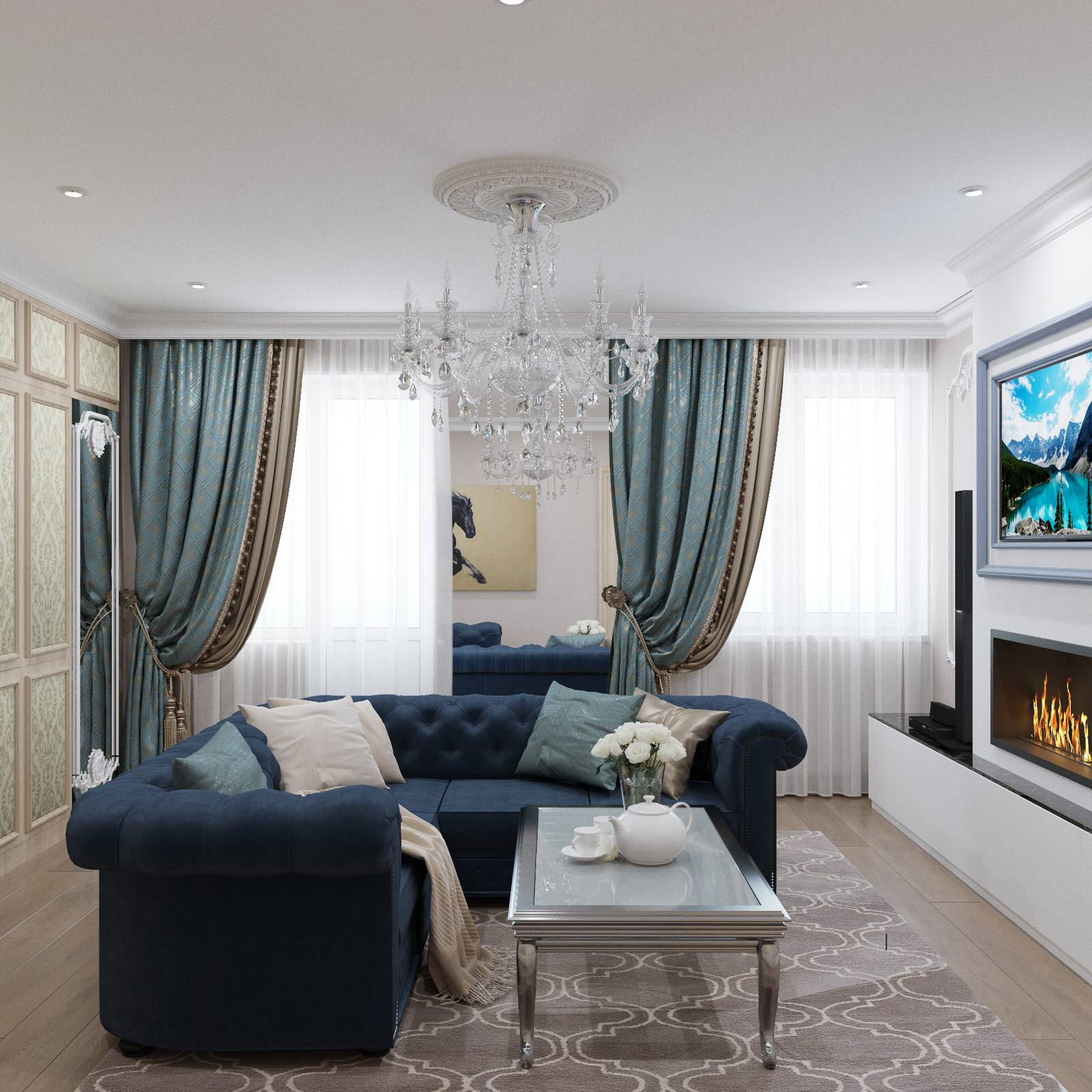 Гостиная с камином в сине-бежевых тонах, стиль новая классика