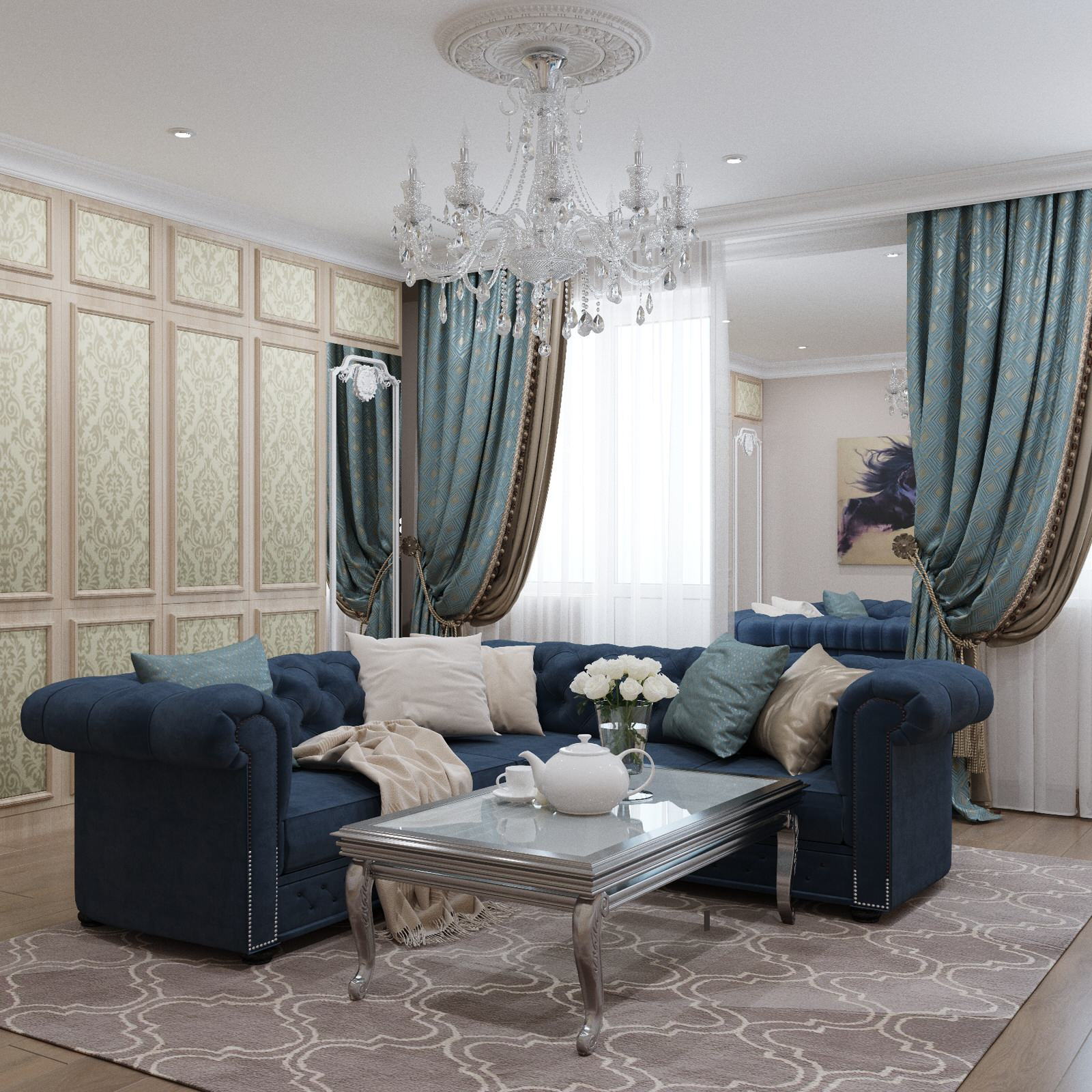 Обложка проекта: Гостиная с камином в сине-бежевых тонах, стиль новая классика