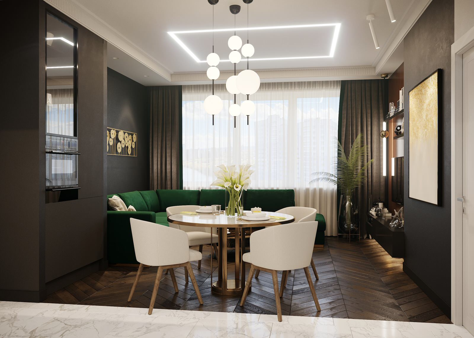 Визуализация гостиной совмещенной с кухней