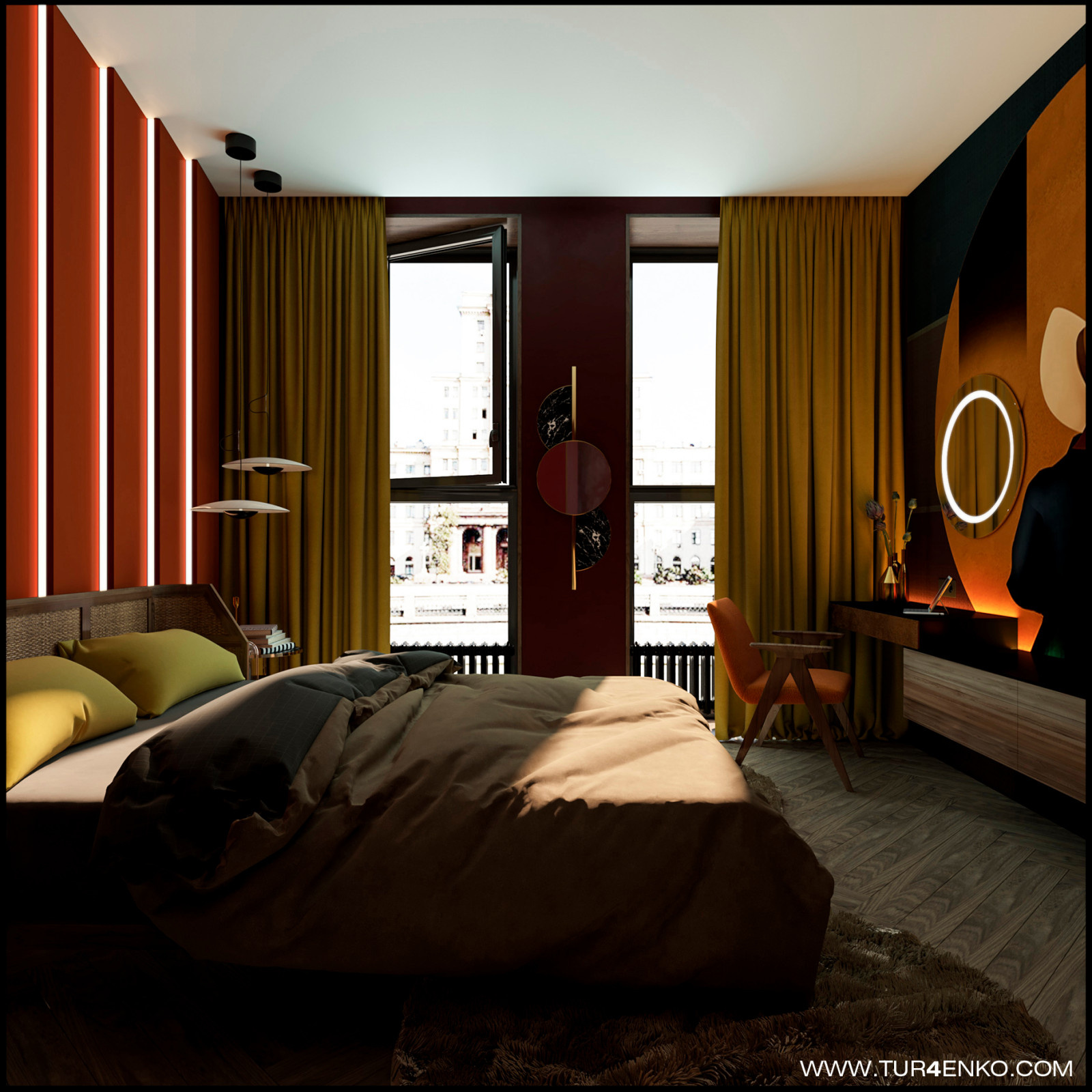 Спальня с панорамными окнами в ЖК "BAUMANHOUSE"