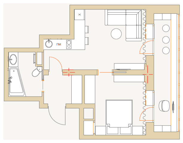 Перепланировкаоднокомнатной квартиры в Реутове, вариант 2