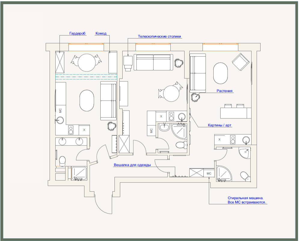 Расстановка мебели в апартаментах, которые разделили на 3 студии