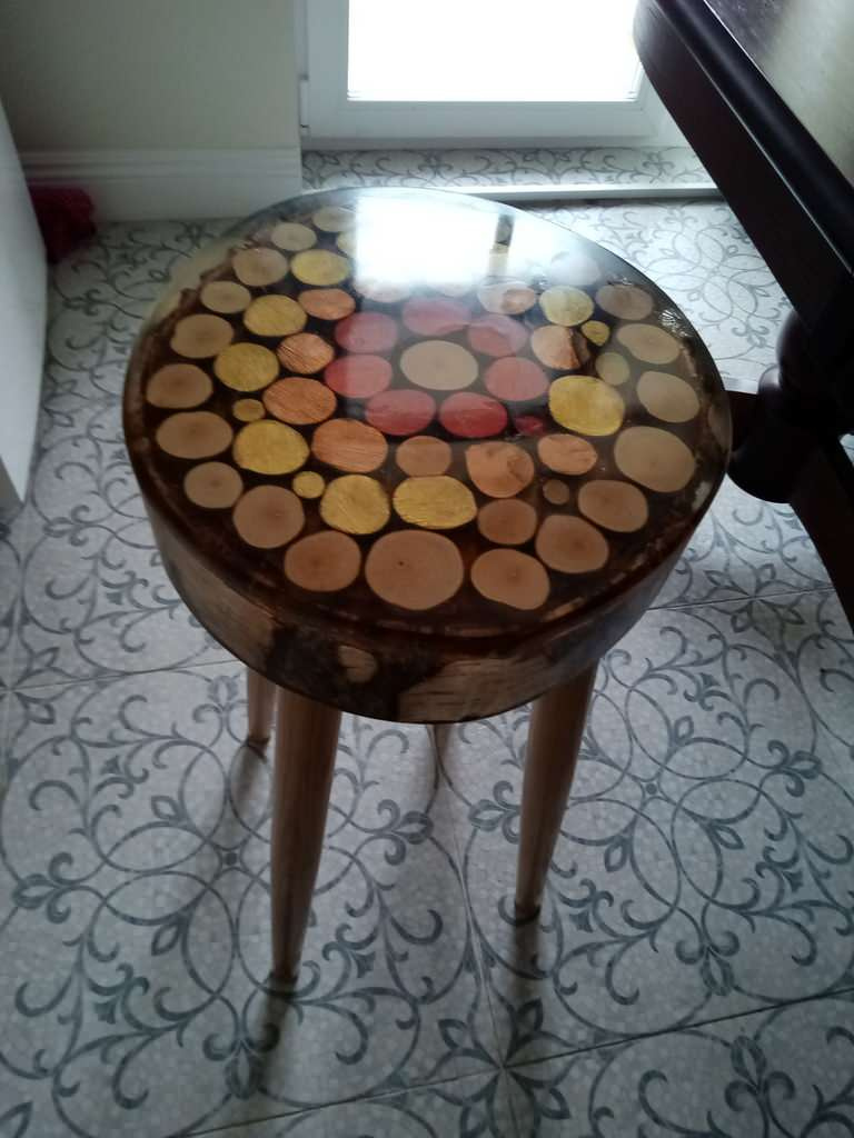 Обложка проекта: Handmade Birch Epoxy Bar stool with Ash  legs and bronze rings