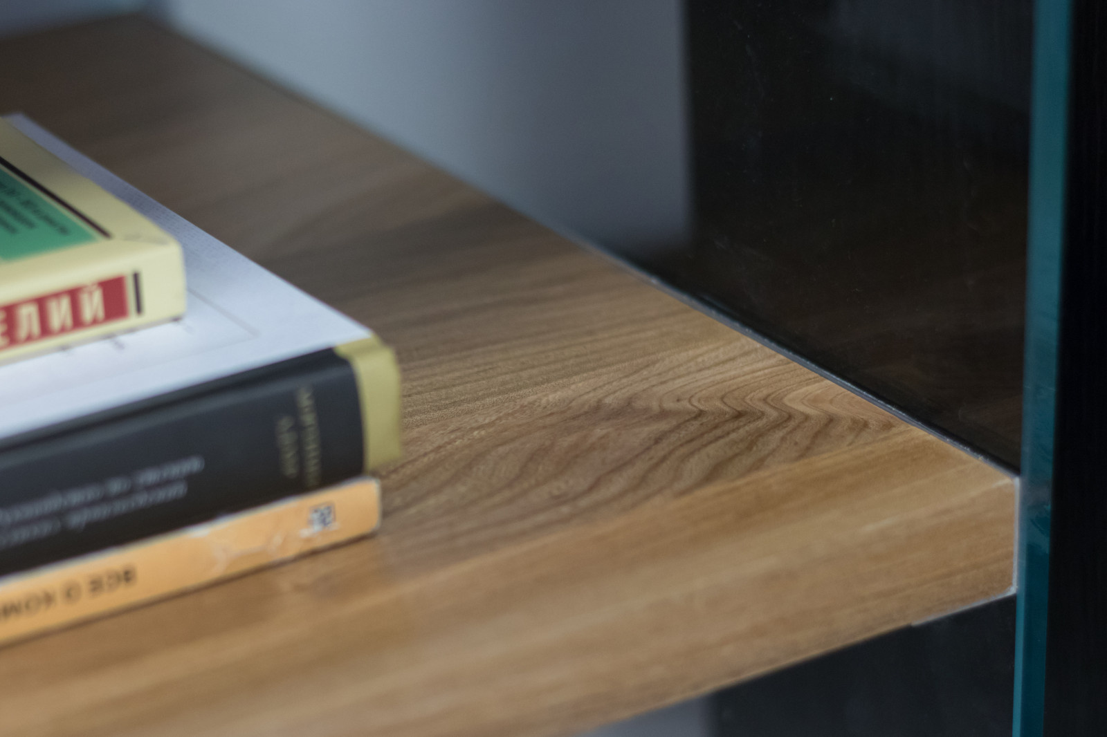 Стеллаж-тумба из стекла и массива бука в гостиной