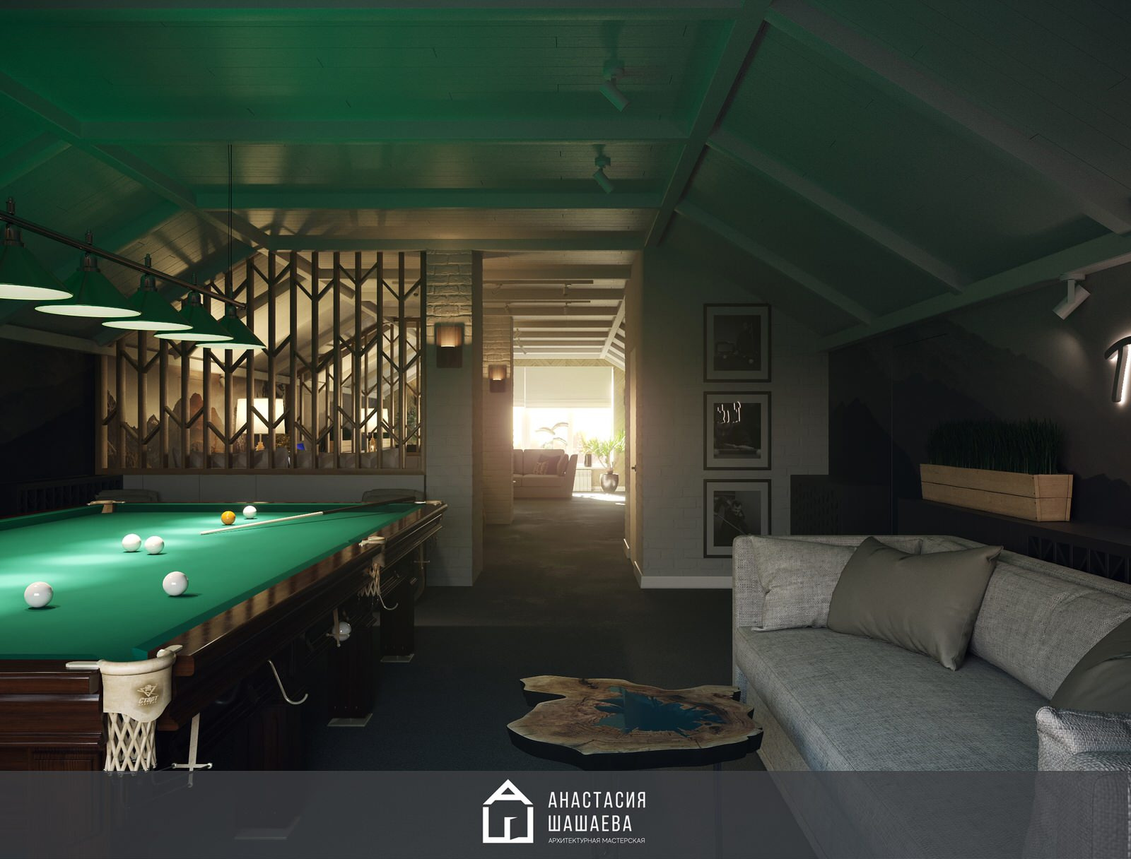 Дизайн интерьера бильярдной в мансардном этаже