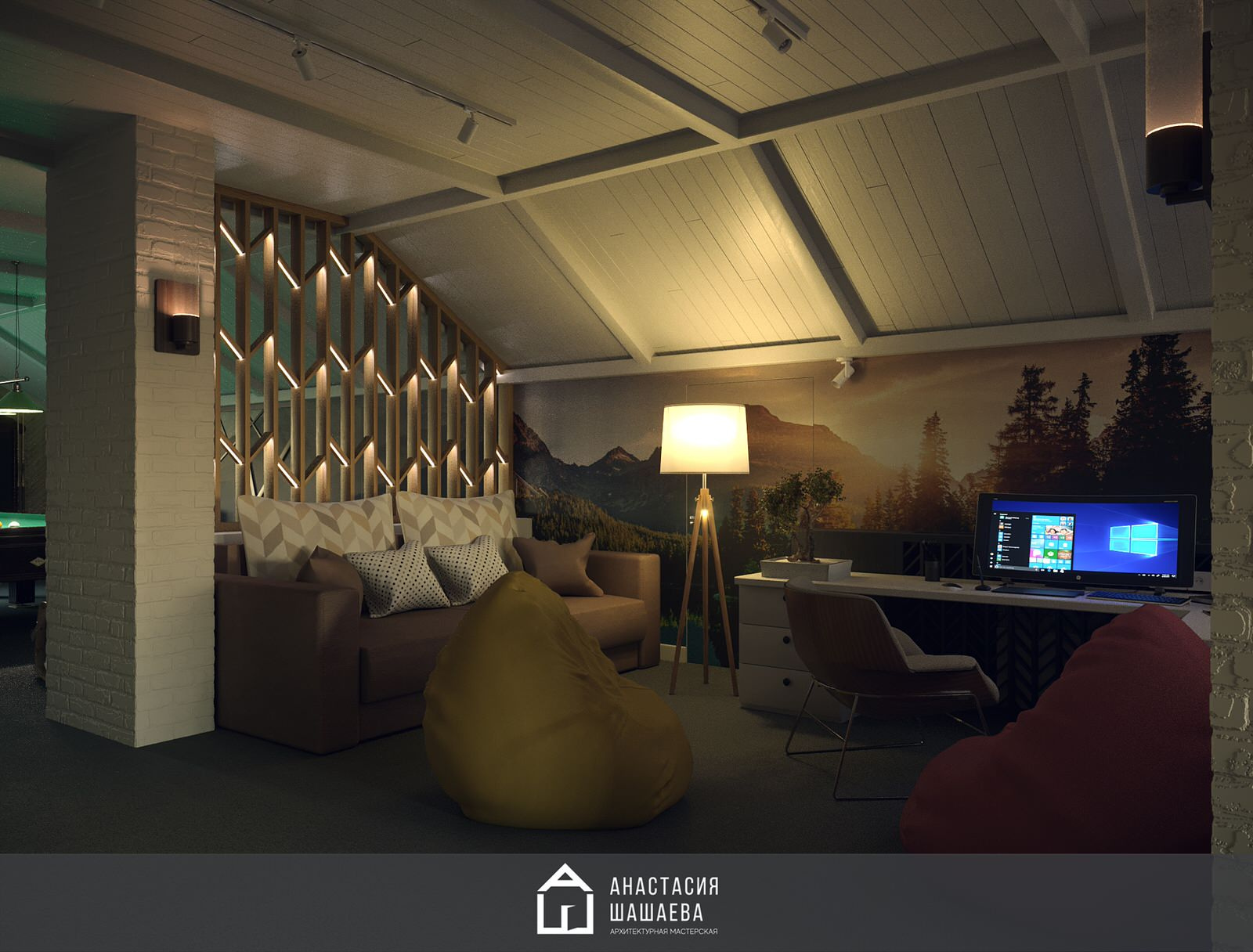 Дизайн интерьера бильярдной в мансардном этаже