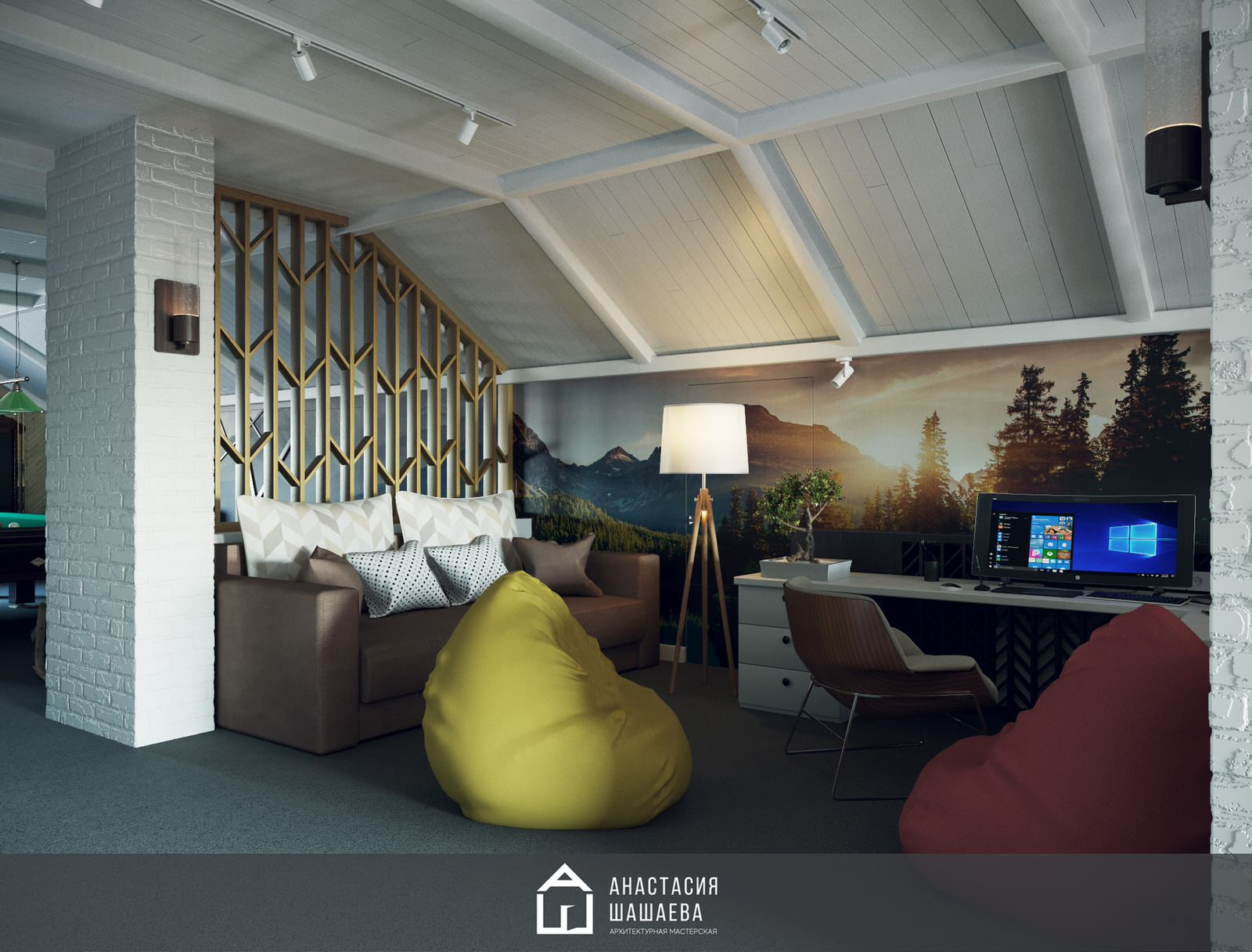 Дизайн интерьера бильярдной в мансардном этаже