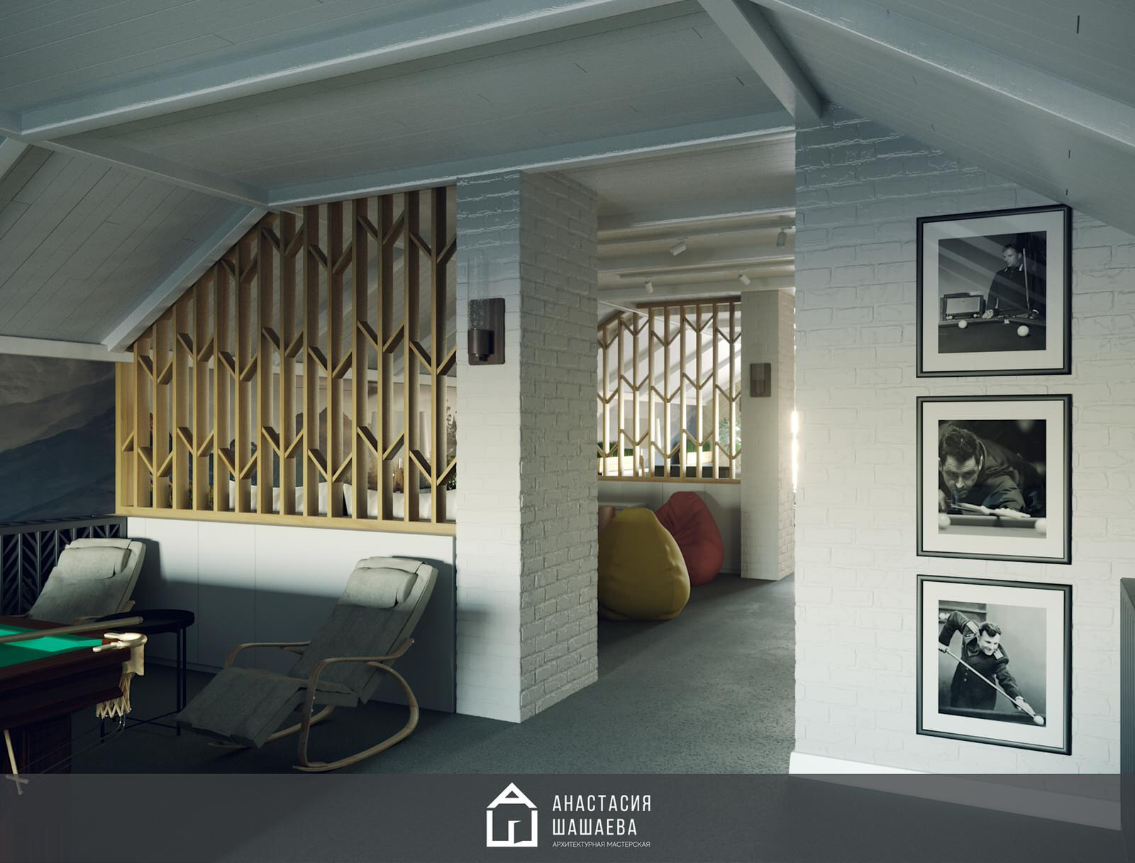 Дизайн интерьера бильярдной в мансардном этаже