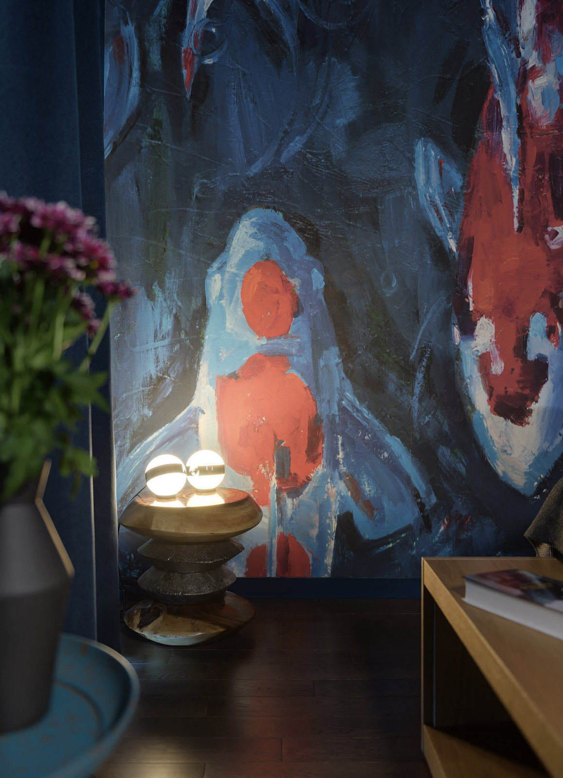 PL • спальня с темно-синими стенами и карпами