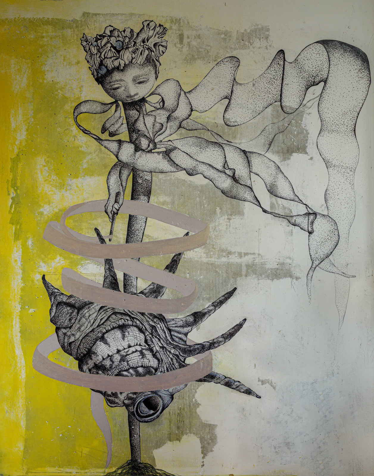 Нереоцистис играет с лентой: графическая роспись в интерьере